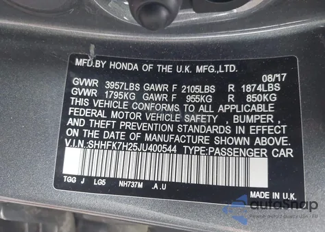 2018 Honda Civic Lx из США, поврежденный, VIN SHHFK7H25JU400544